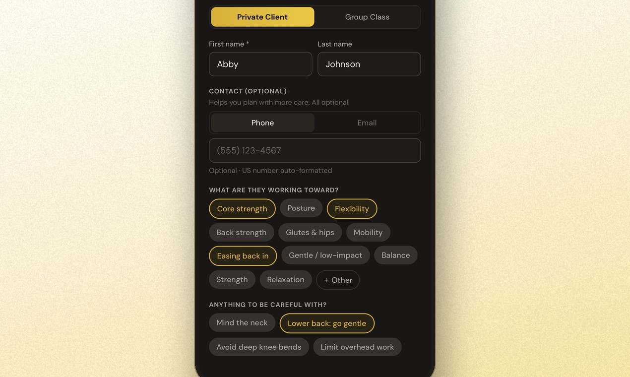 The client setup screen in PilatesNote, with core strength, flexibility and easing back in selected under what are they working toward, and lower back go gentle selected under anything to be careful with