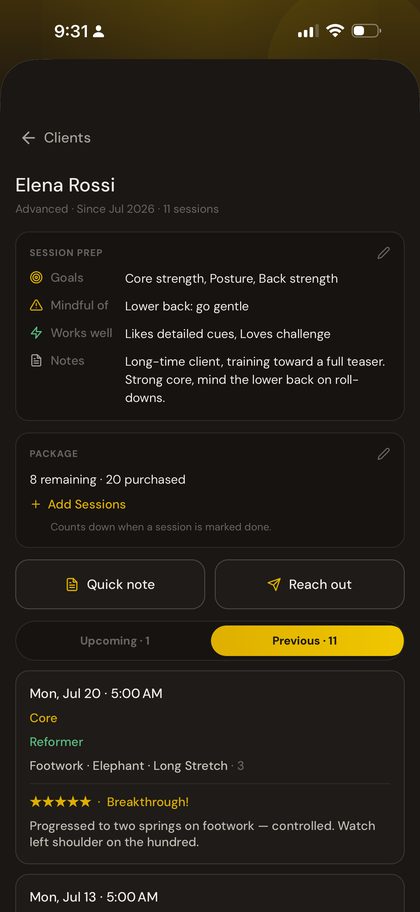 PilatesNote client profile screen showing goals, cautions and session history