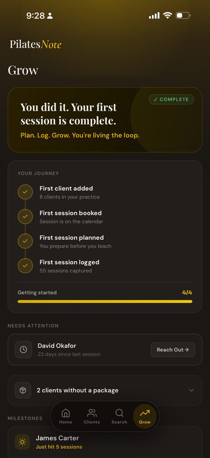 PilatesNote follow-ups screen showing milestones, clients needing attention and momentum