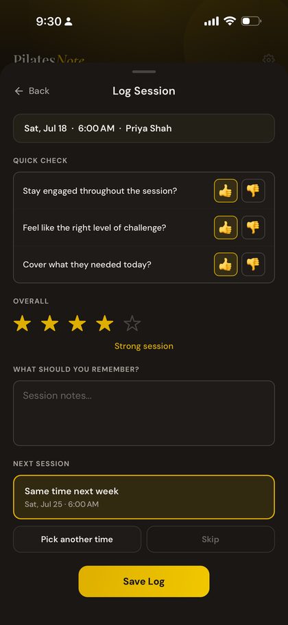 PilatesNote session logging screen showing a quick check, rating and next step