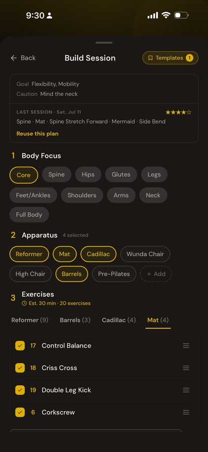 PilatesNote session planning screen showing focus, apparatus and templates